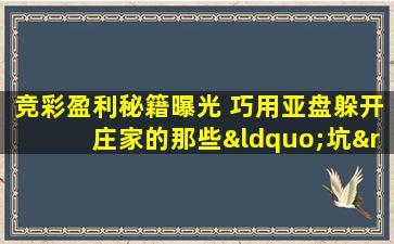 竞彩盈利秘籍曝光 巧用亚盘躲开庄家的那些“坑”